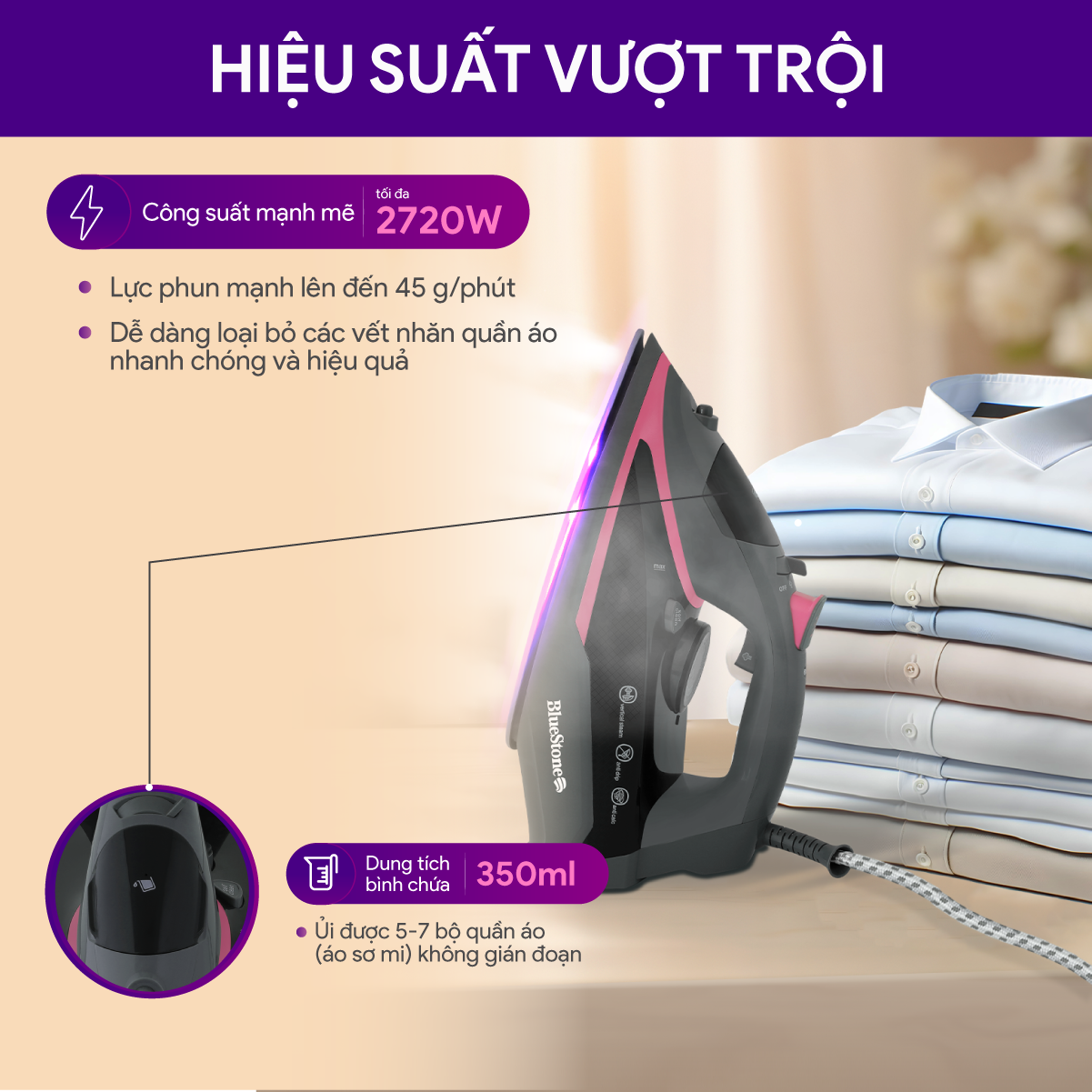 Bàn Ủi Hơi Nước BlueStone SIB-3835 350ml 2290-2720W Bàn Ủi Hơi Nước BlueStone SIB-3835 350ml 2290-2720W